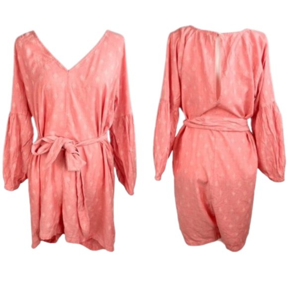 LOFT Beach Romper Balloon Sleeves Keyhole Back Coral Tie Waist Size Large - Picture 1 of 15